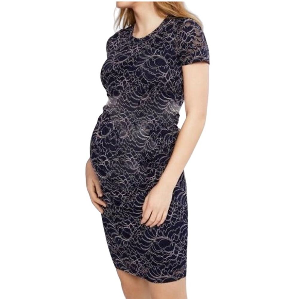 Motherhood Maternity Lace Ruched Bodycon Dress Women's 3X Blue Special Occasion